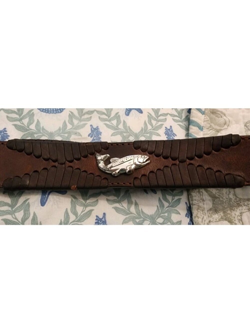 Vintage Brighton Belt 36 Brown Leather Fly Fishing Brass Studs Buckle Woven